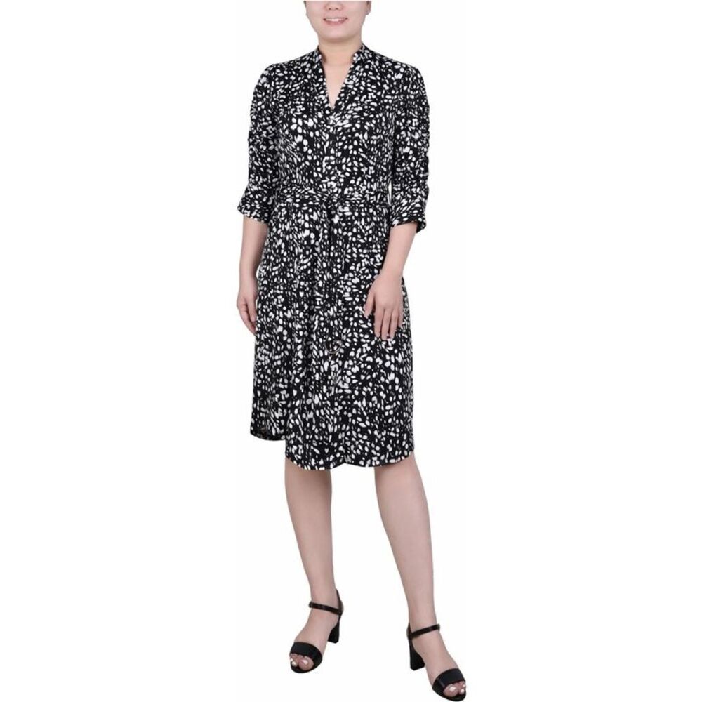 NY Collection Womens Belted Shirt Dress Midi Dress, White, Petite, PL, DM
